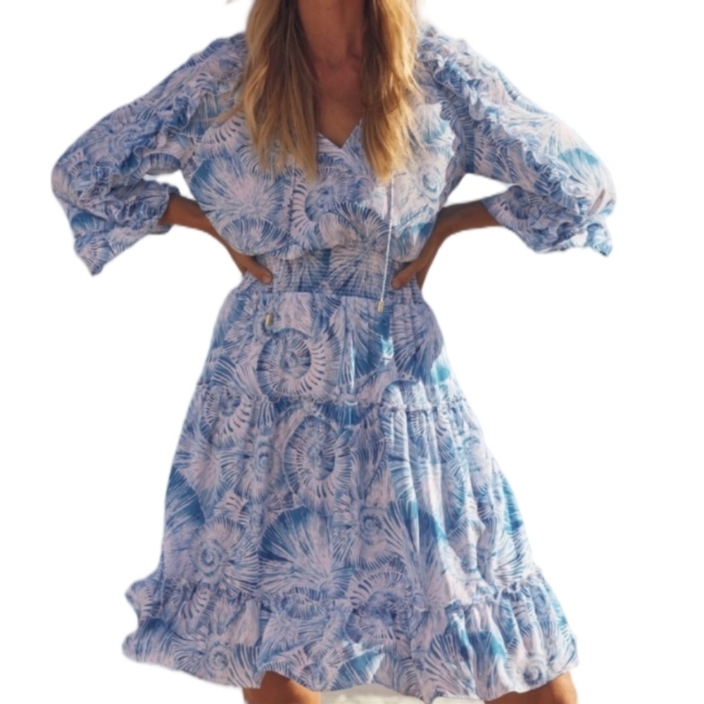 Chico's Blue & White Seashell Print Ruffle Trim Bell Sleeve Smocked Waist Dress